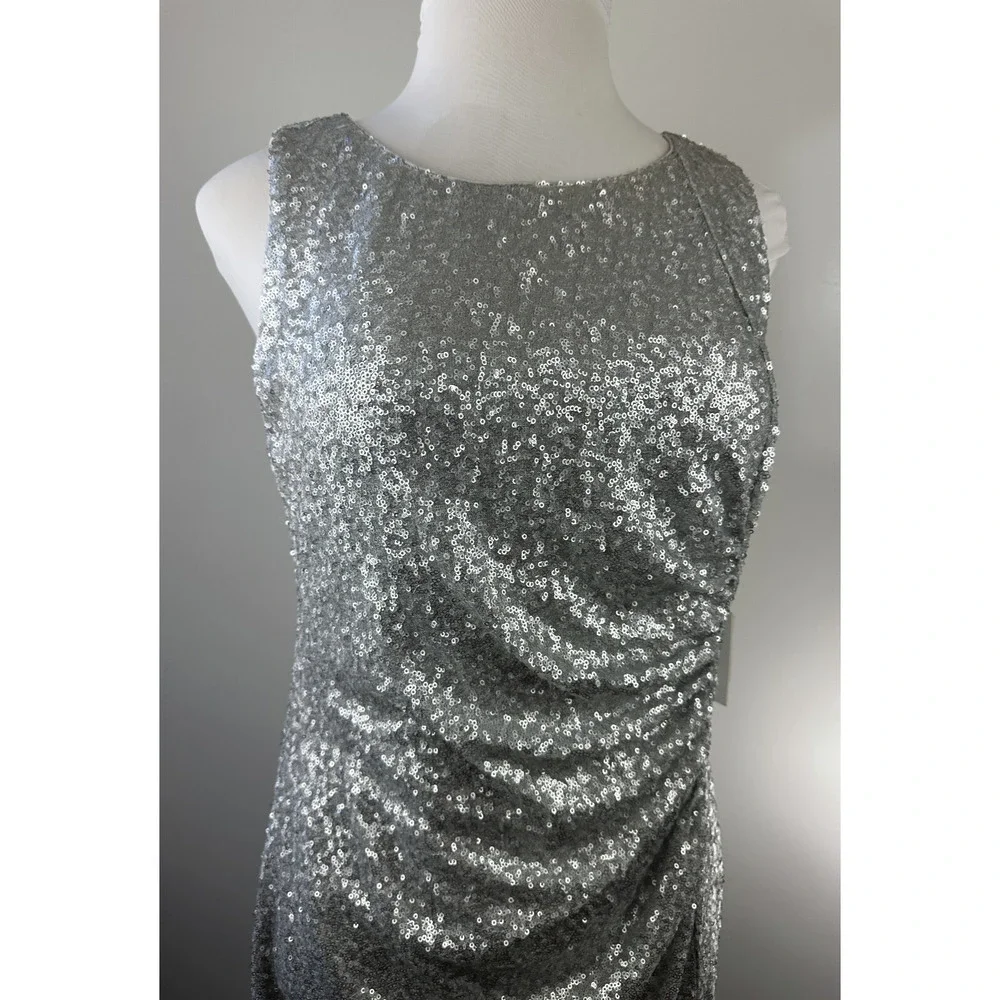 NWT Calvin Klein Sequin Ruched Sheath Shift Dress Silver Pleated Bodycon Size 14 - Picture 5 of 16